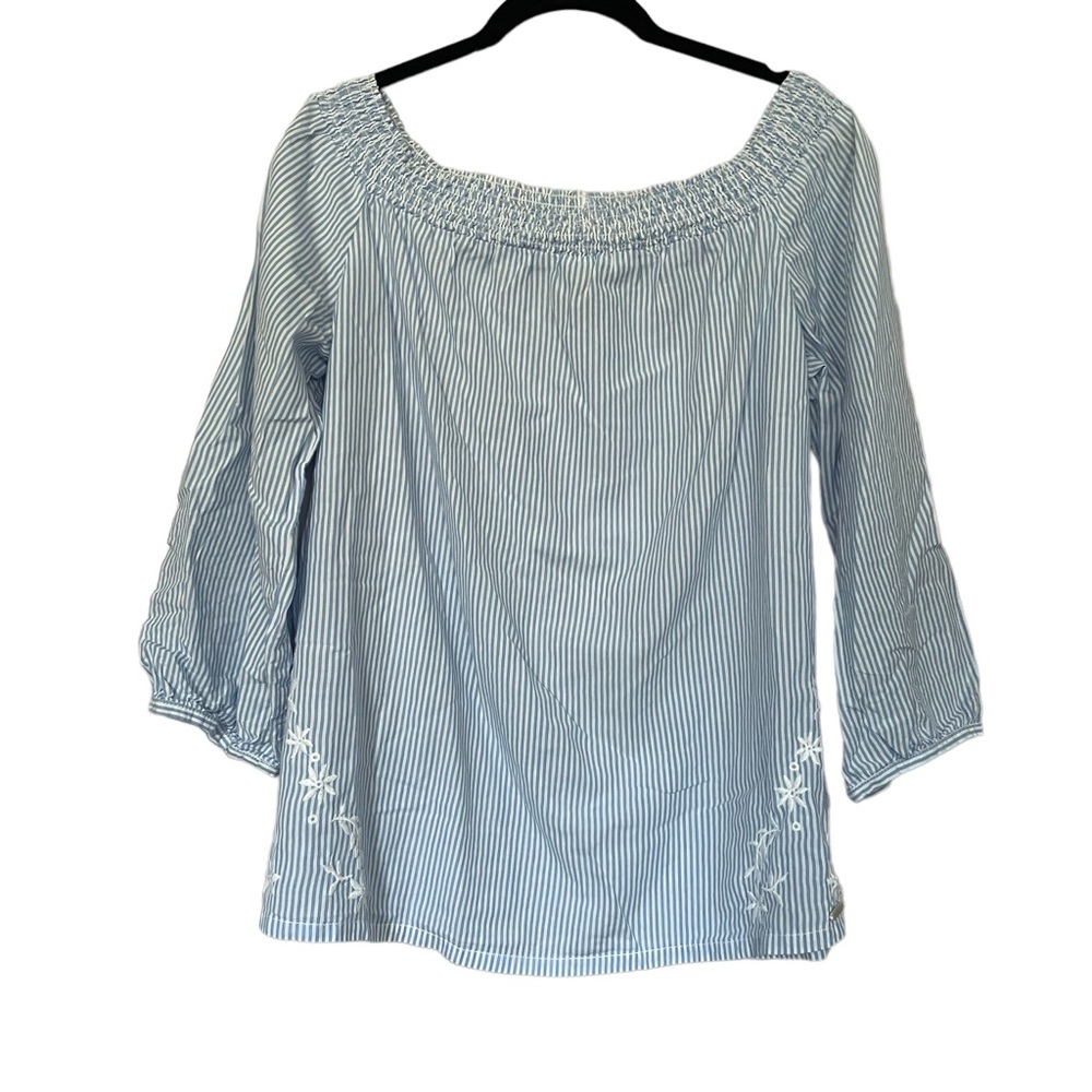 Woolrich Blue & White Stripe Off-The-Shoulder Embroidered Top Small